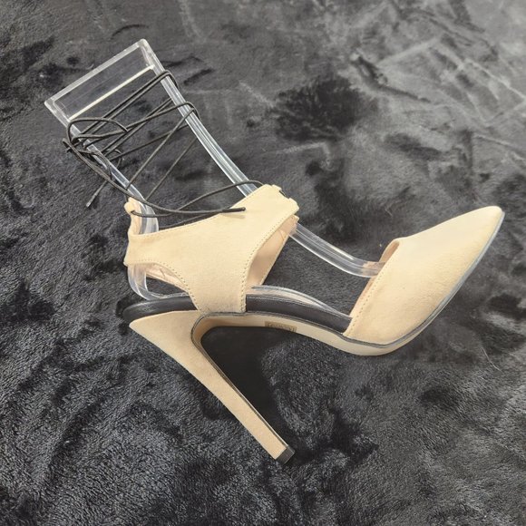 Red Cherry Shoes - Red Cherry Nude With Black Elastic Wrap Sandals With 4 1/2" Stiletto Heels